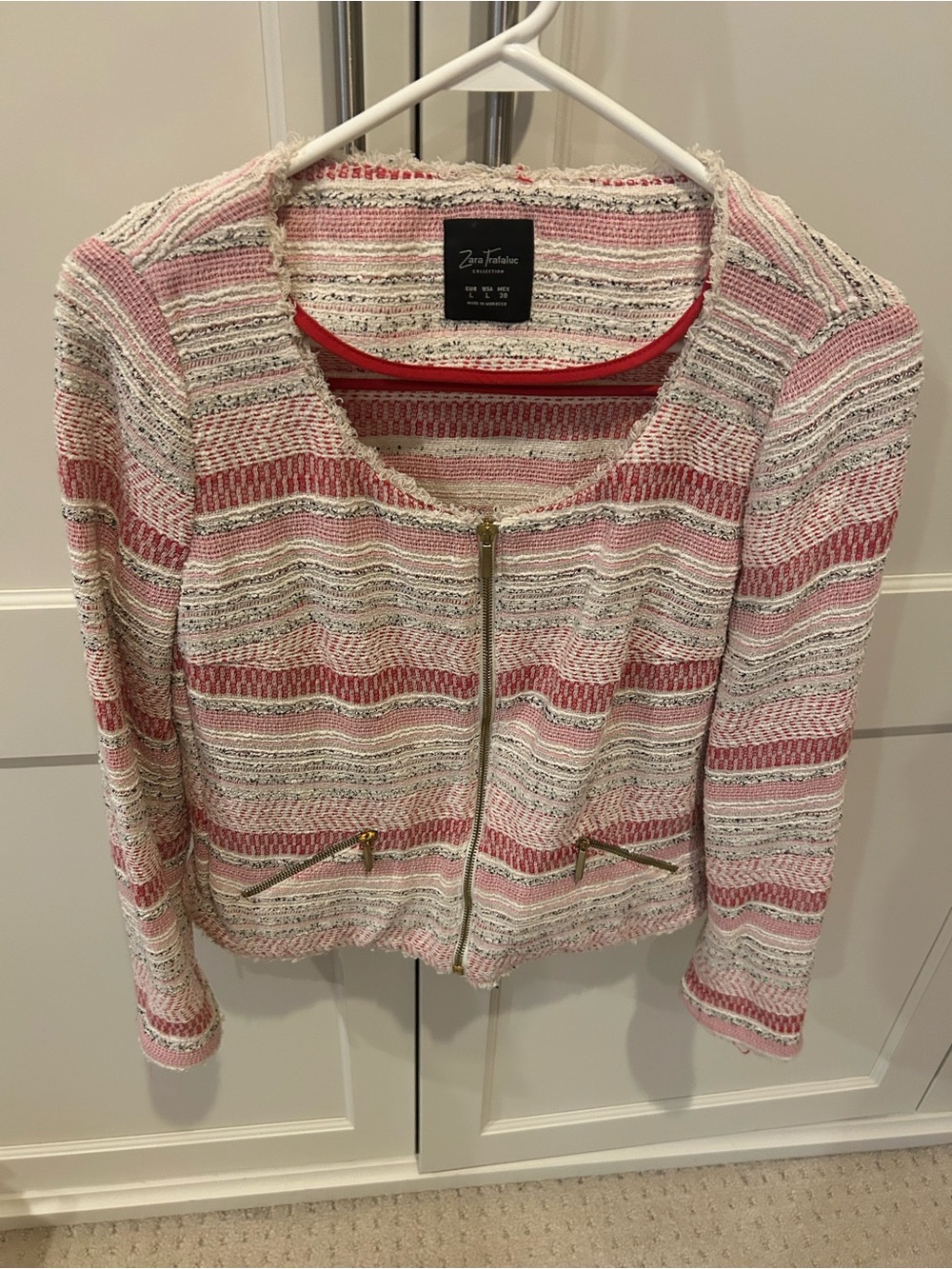 Zara Pink, White & Silver Striped Textured Zip Jacket